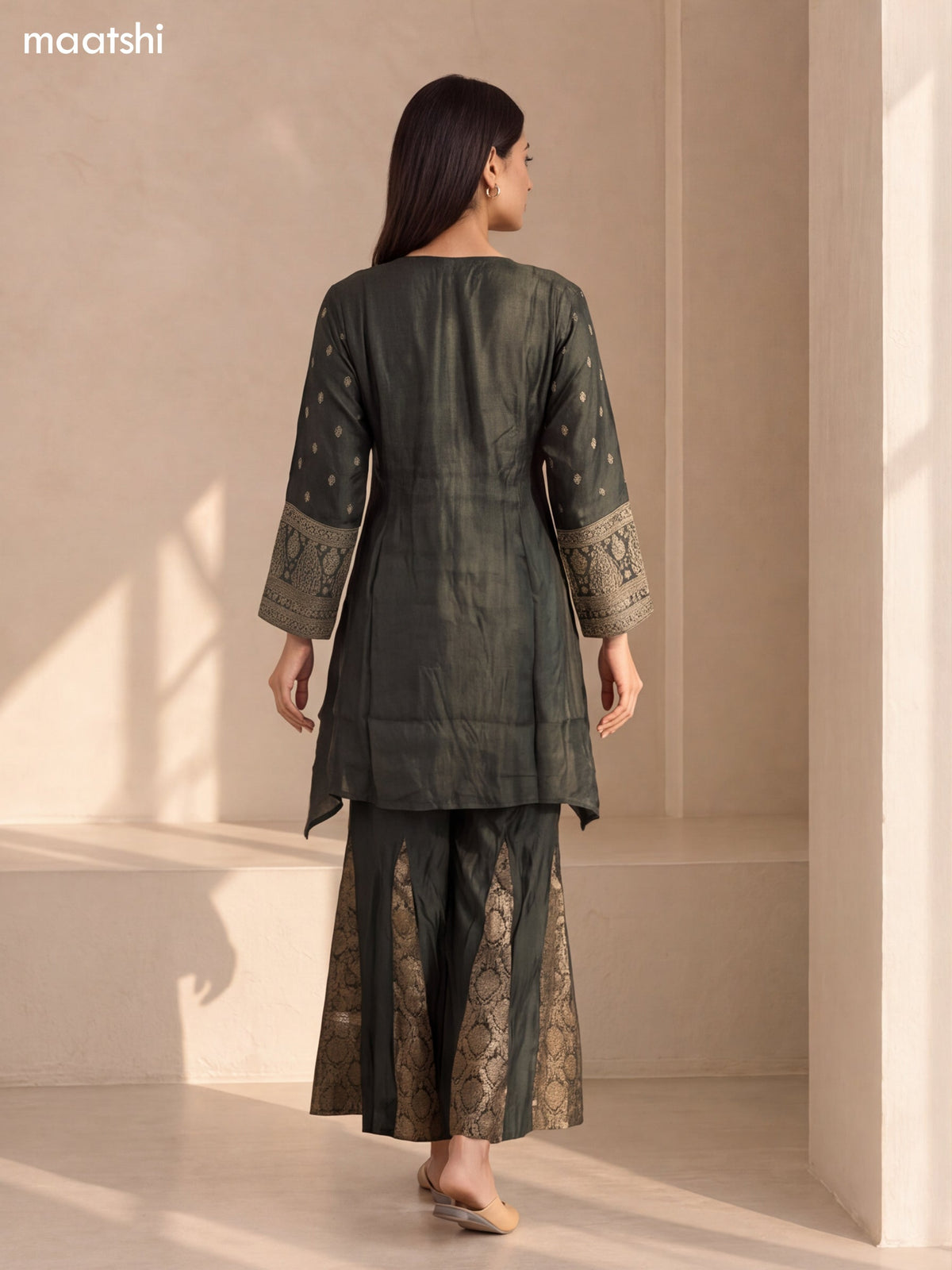 Dark Green Art Tussar Embroidery Work Short Kurti Set