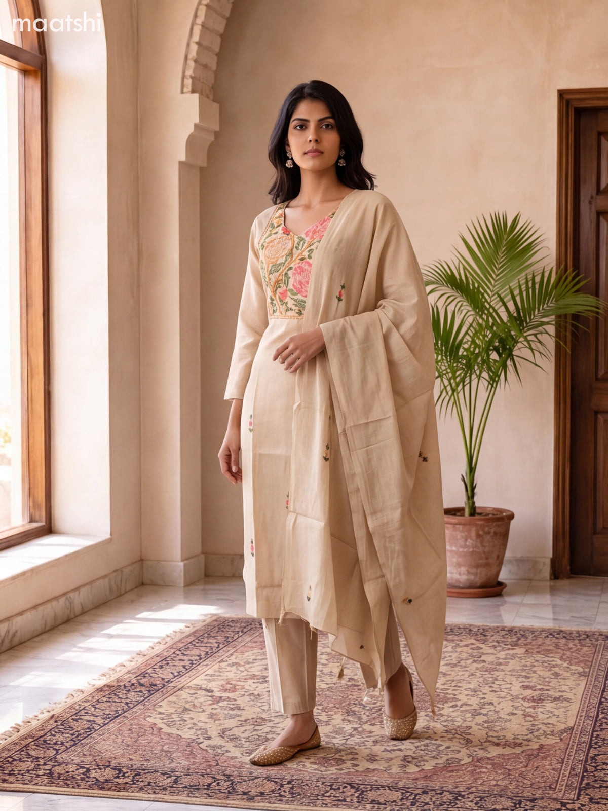 Biege Mul Chanderi Embroidery Work Straight Suit