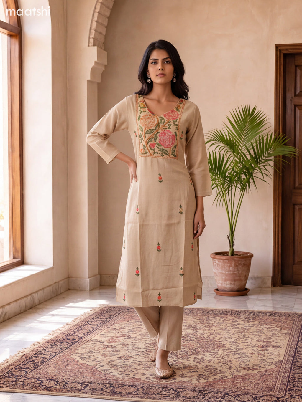 Biege Mul Chanderi Embroidery Work Straight Suit
