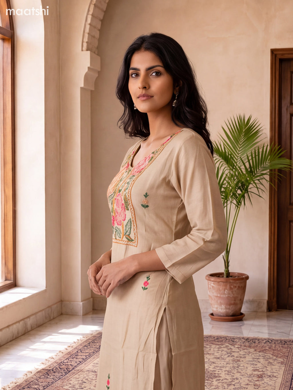 Biege Mul Chanderi Embroidery Work Straight Suit
