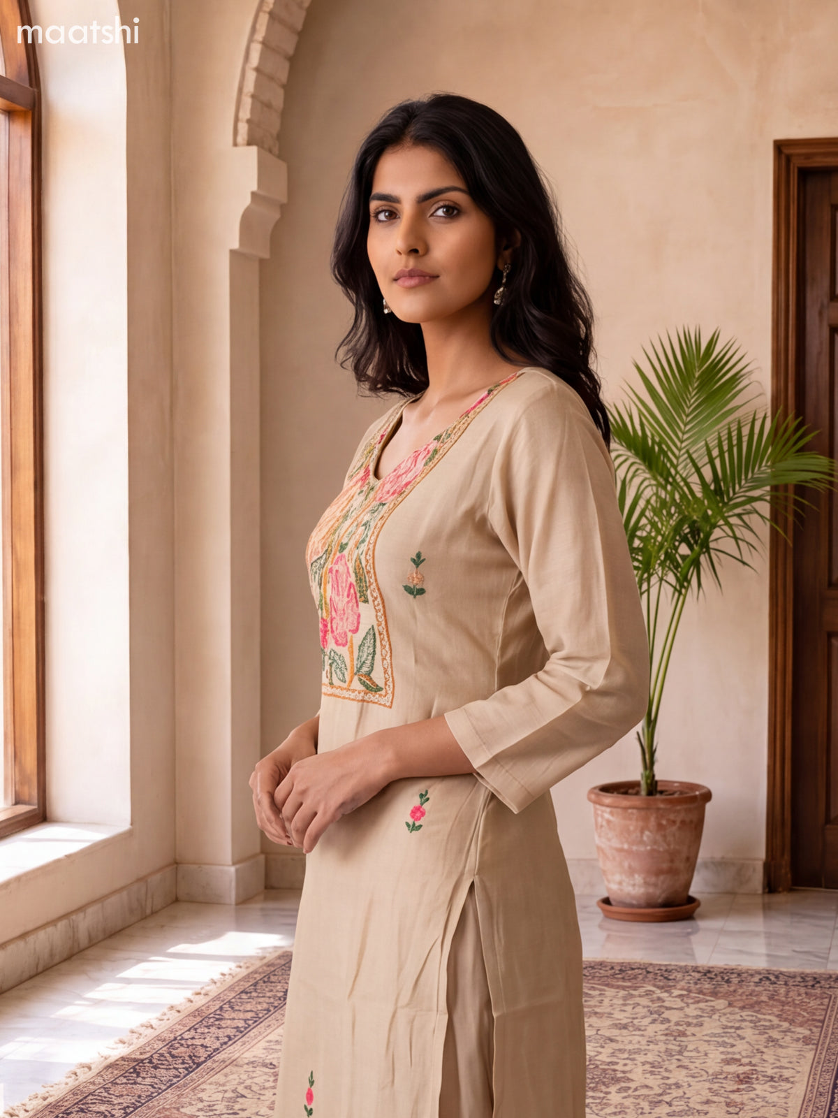 Biege Mul Chanderi Embroidery Work Straight Suit