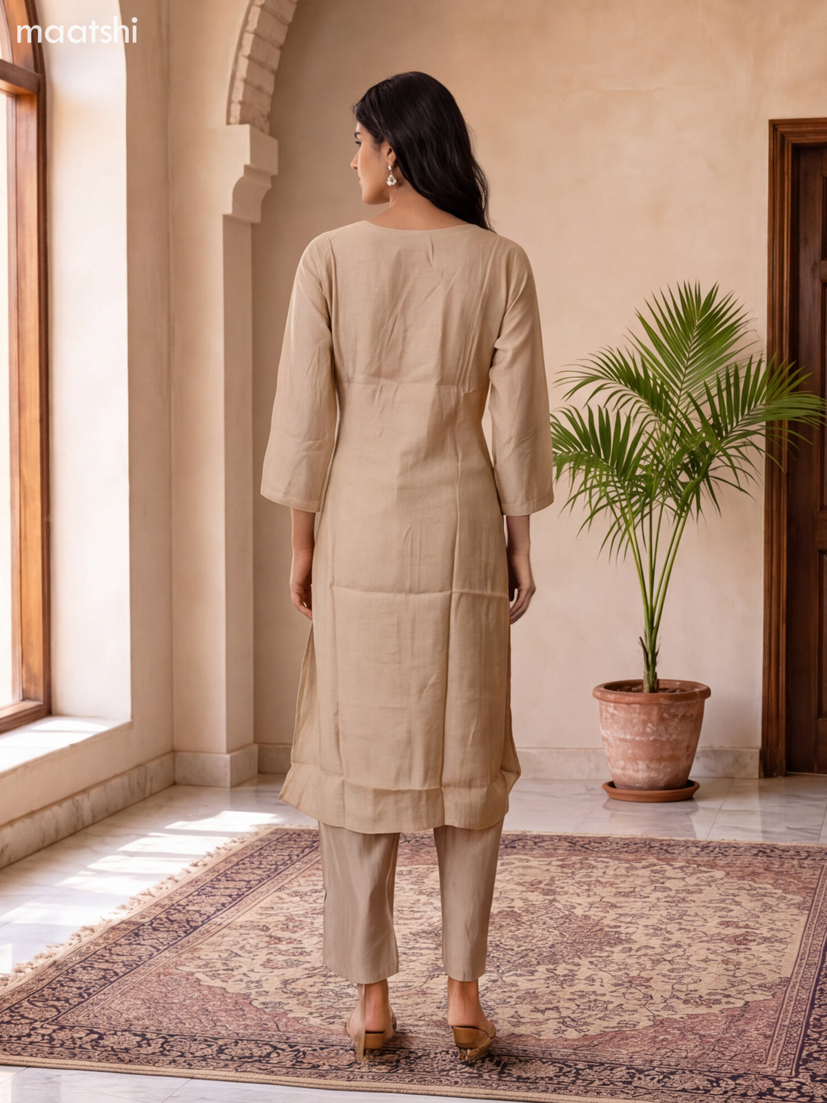 Biege Mul Chanderi Embroidery Work Straight Suit