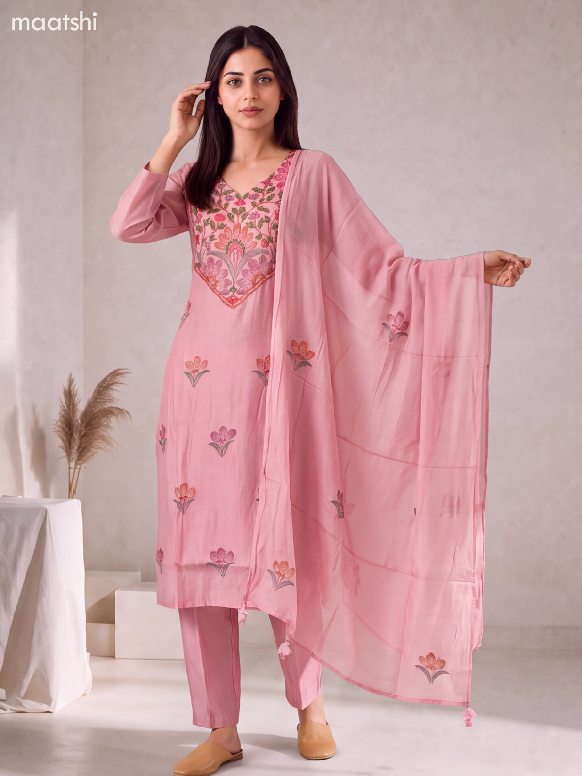 Pink Mul Chanderi Embroidery Work Straight Suit