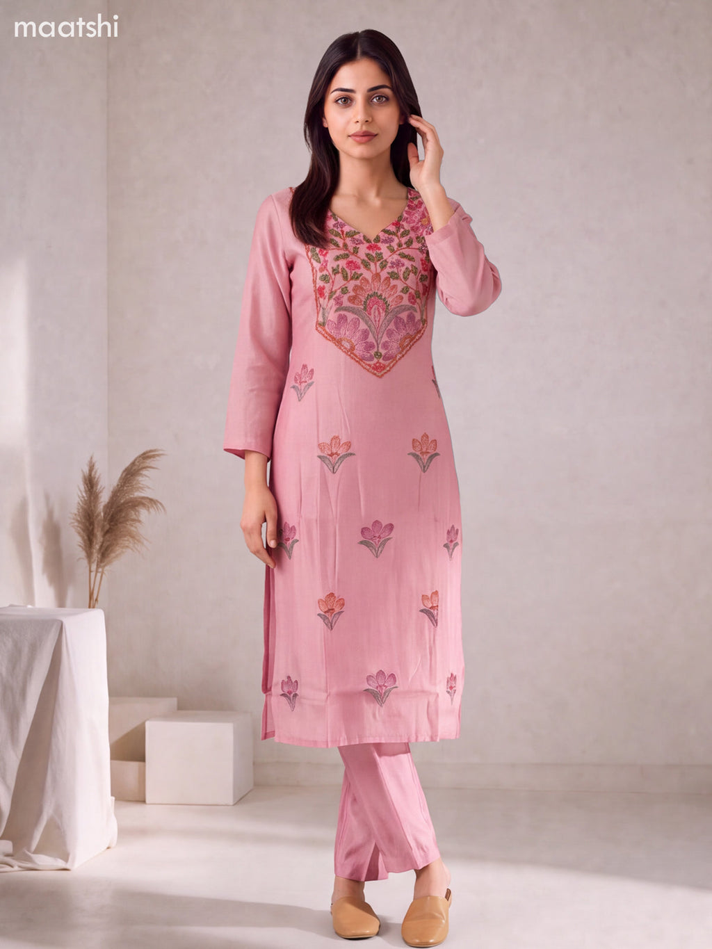 Pink Mul Chanderi Embroidery Work Straight Suit