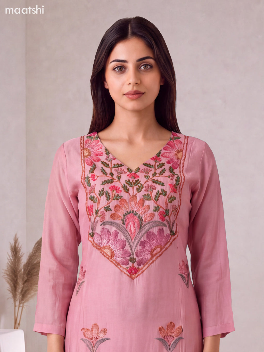 Pink Mul Chanderi Embroidery Work Straight Suit