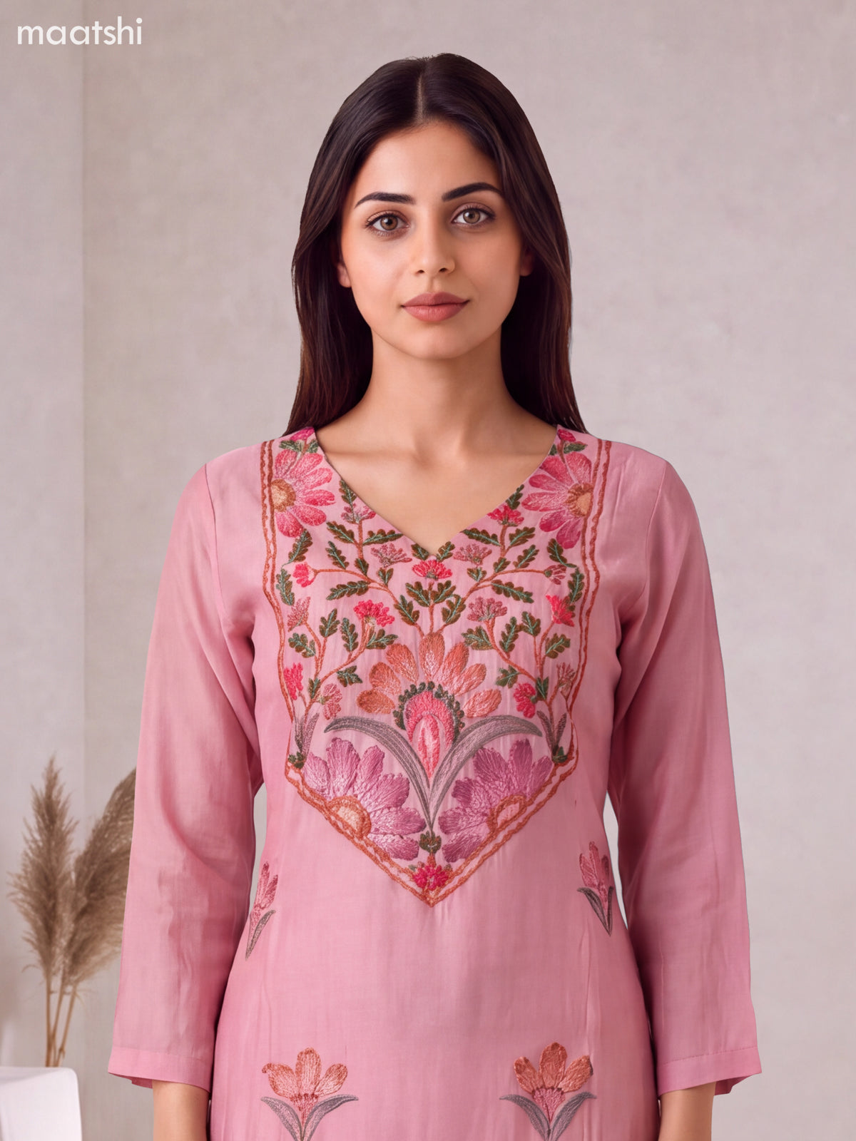 Pink Mul Chanderi Embroidery Work Straight Suit