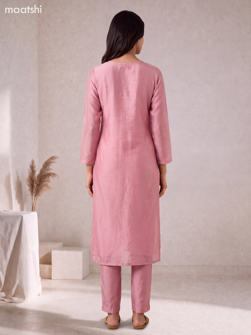 Pink Mul Chanderi Embroidery Work Straight Suit