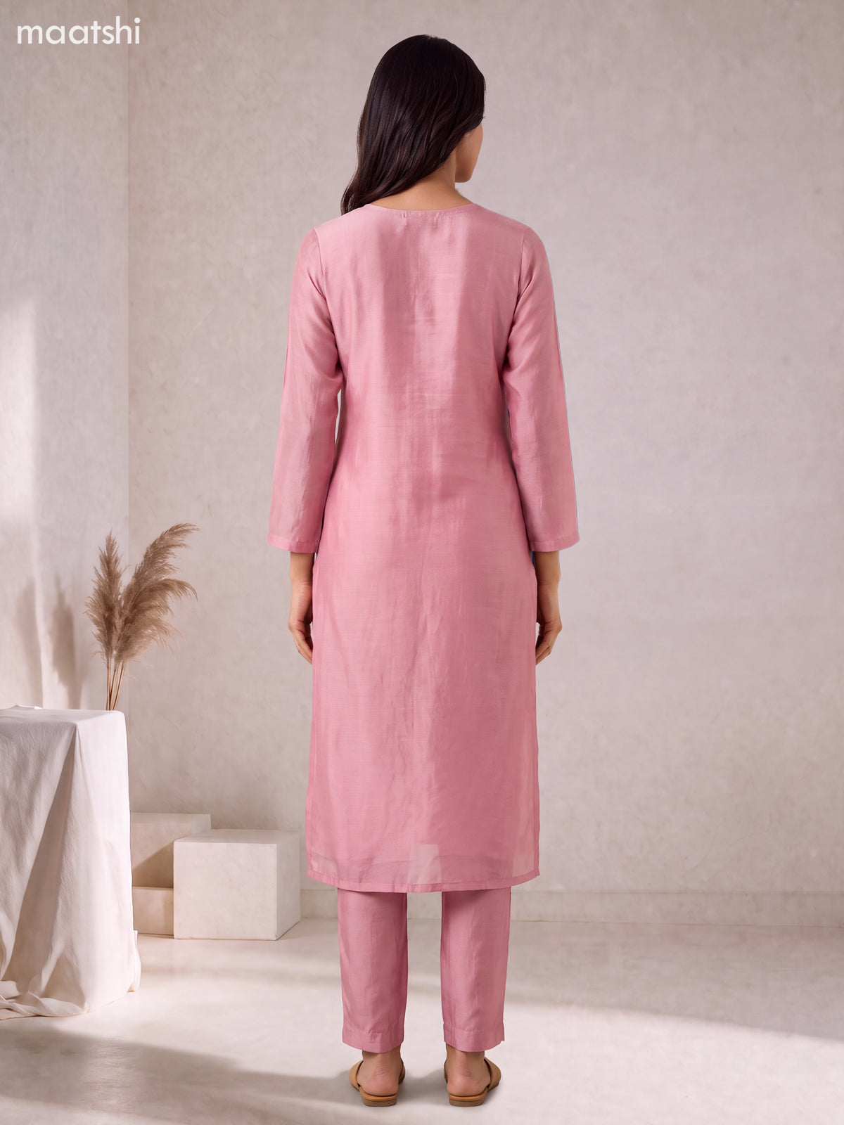 Pink Mul Chanderi Embroidery Work Straight Suit