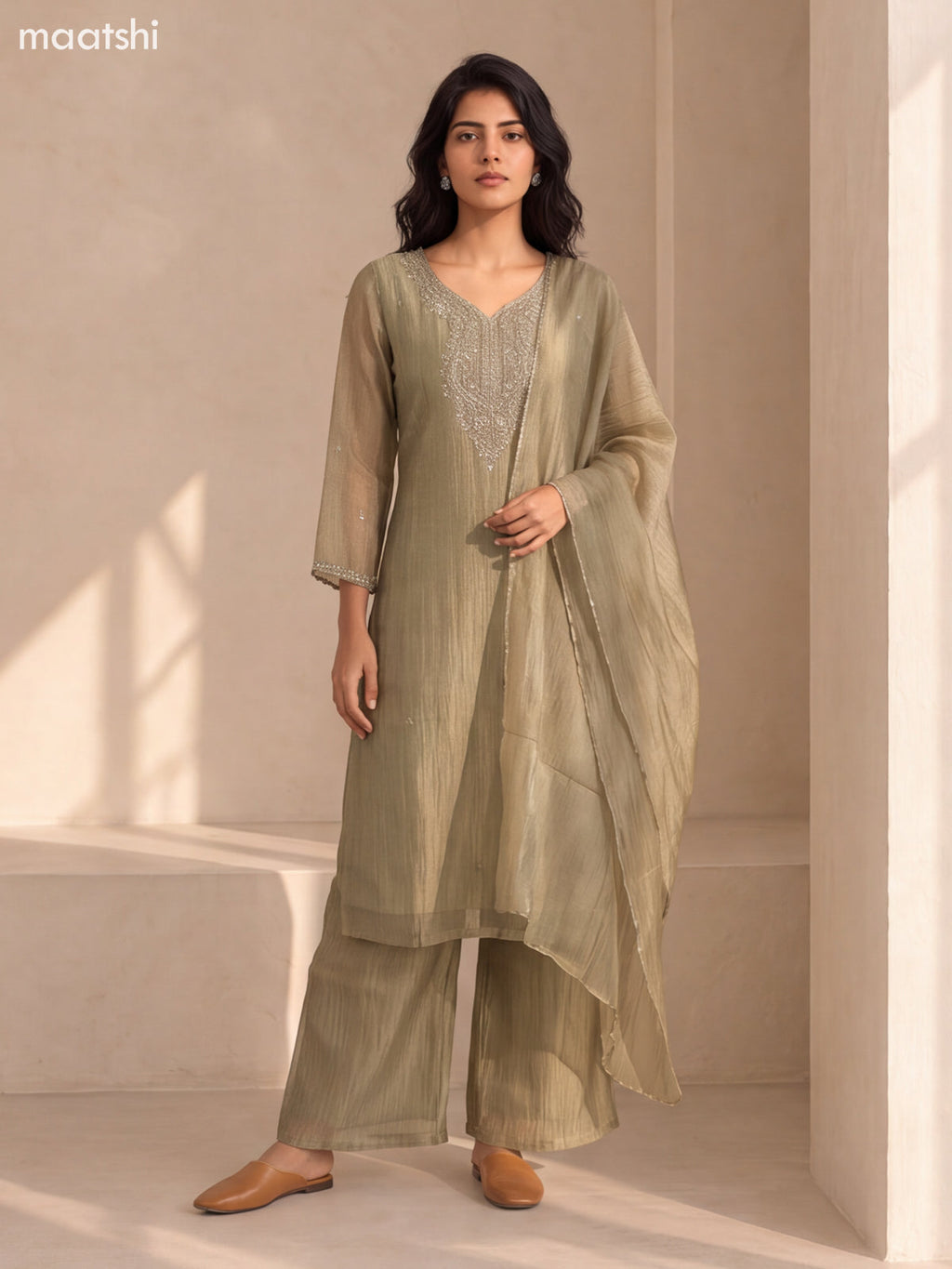 Elaichi Green Crush Tissue Embroidery Work Straight Suit