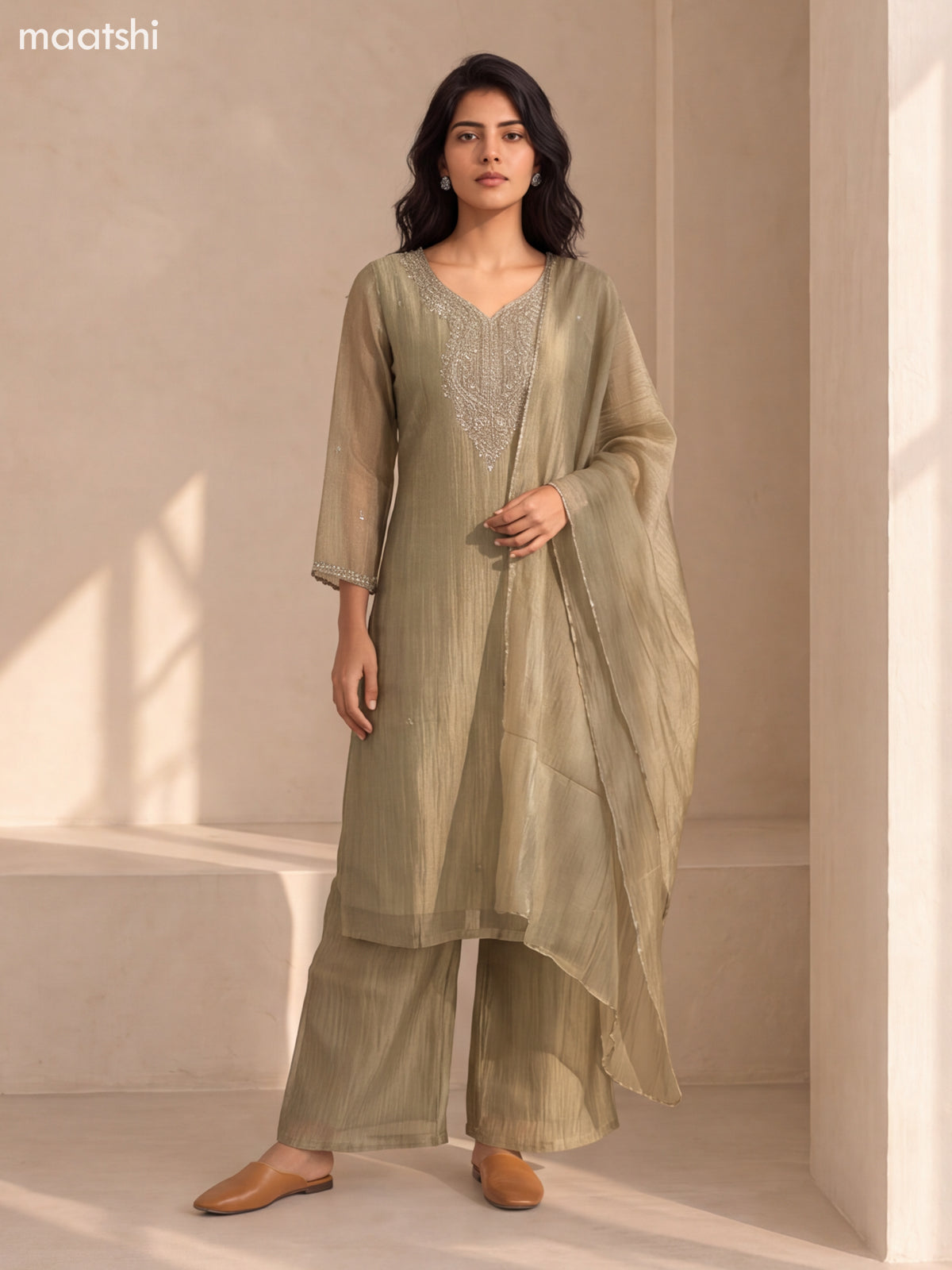 Elaichi Green Crush Tissue Embroidery Work Straight Suit