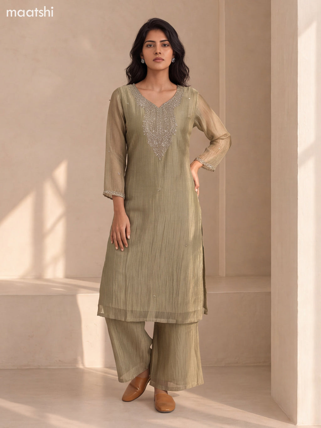 Elaichi Green Crush Tissue Embroidery Work Straight Suit