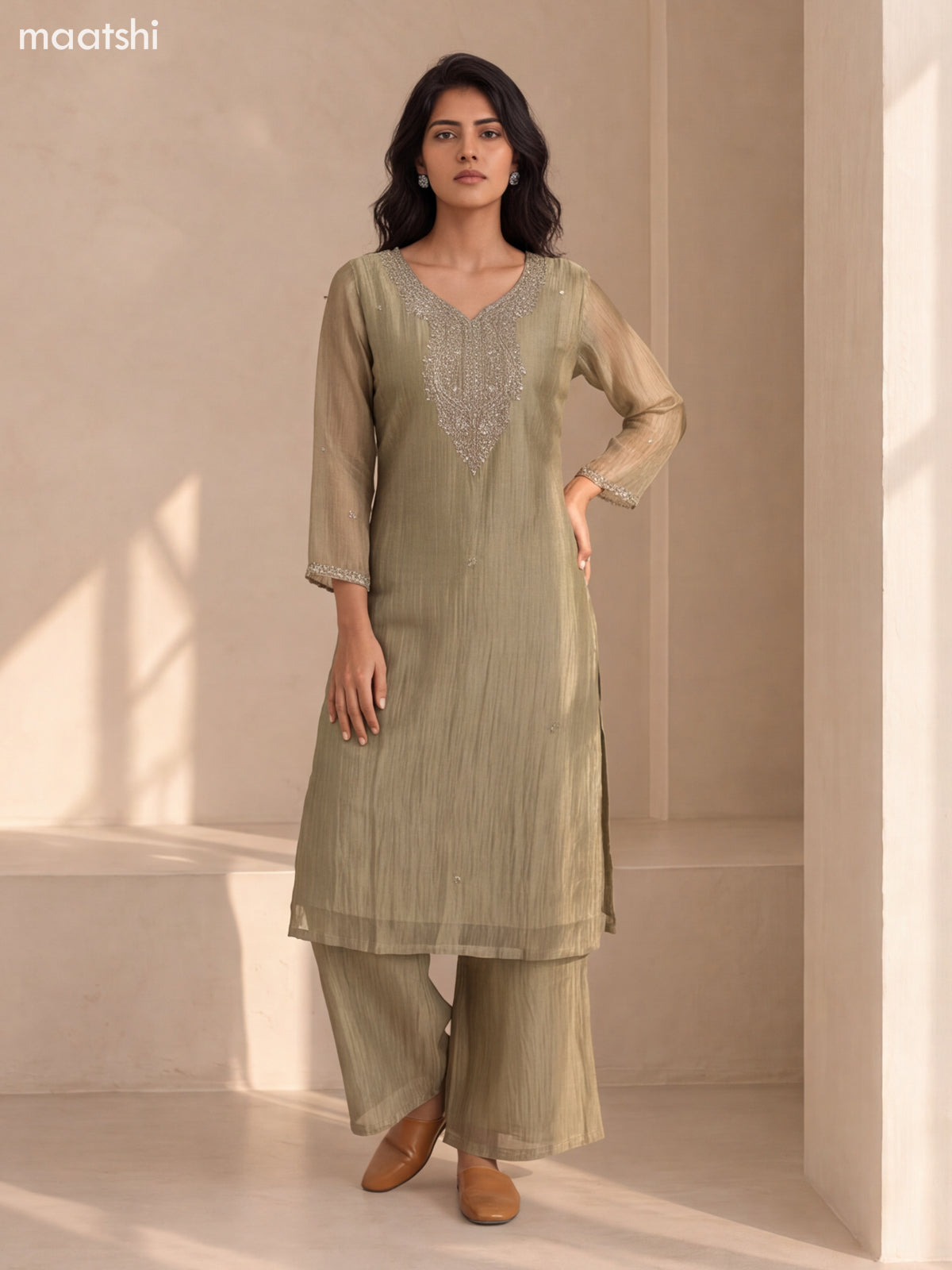 Elaichi Green Crush Tissue Embroidery Work Straight Suit