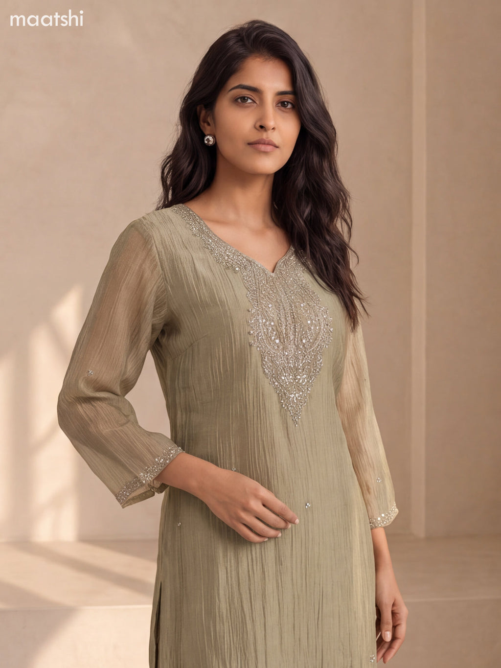 Elaichi Green Crush Tissue Embroidery Work Straight Suit