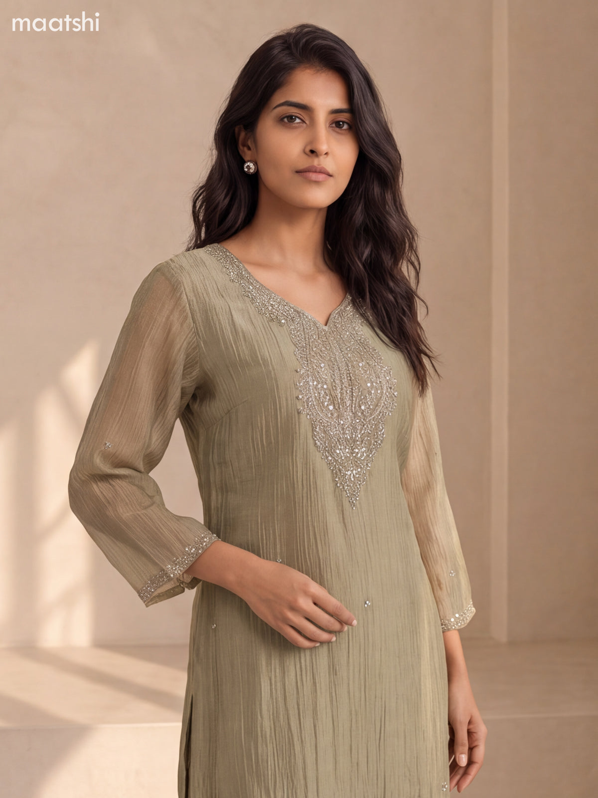 Elaichi Green Crush Tissue Embroidery Work Straight Suit