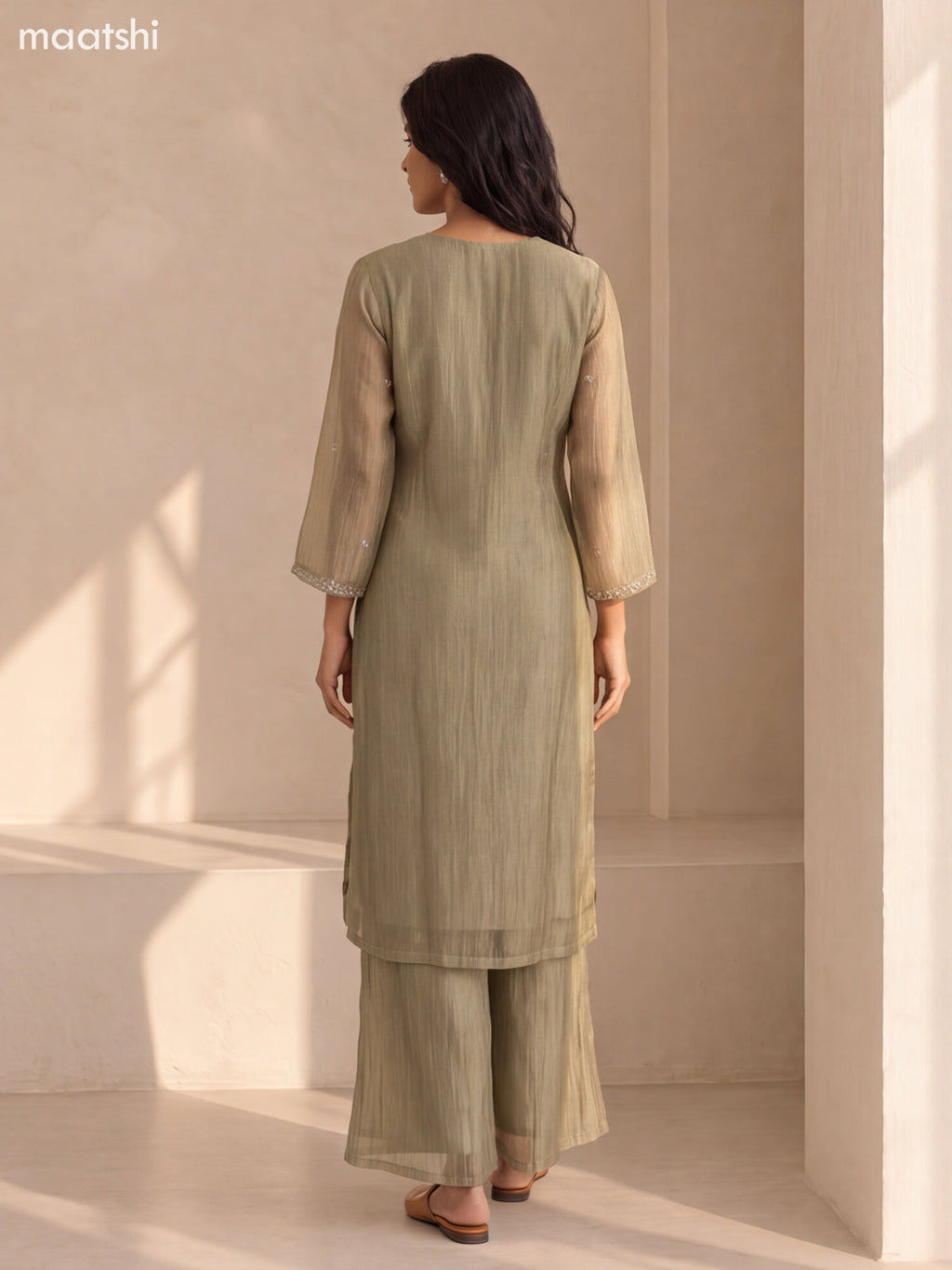 Elaichi Green Crush Tissue Embroidery Work Straight Suit