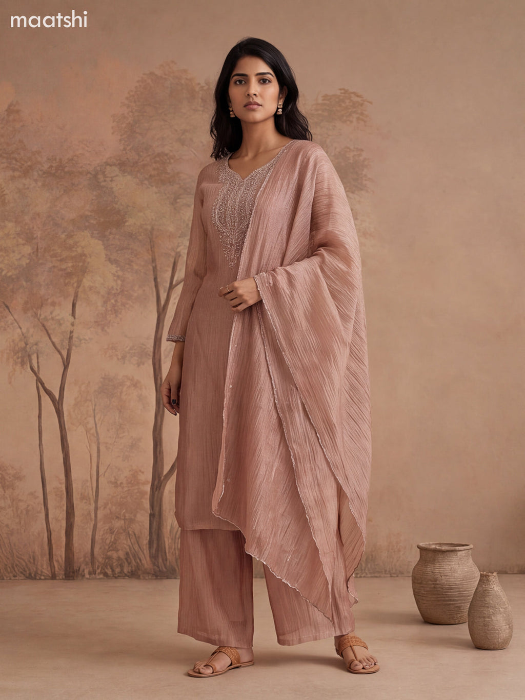 Dark Peach Crush Tissue Embroidery Work Straight Suit
