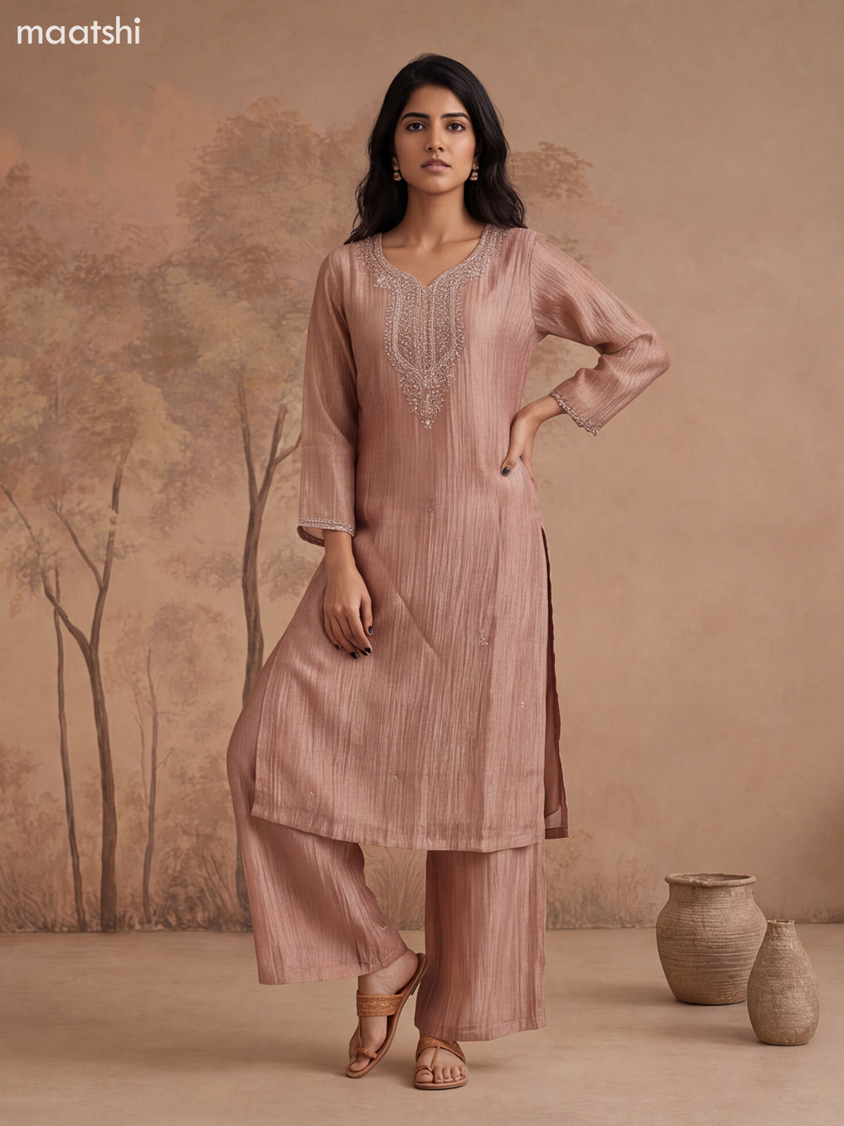 Dark Peach Crush Tissue Embroidery Work Straight Suit