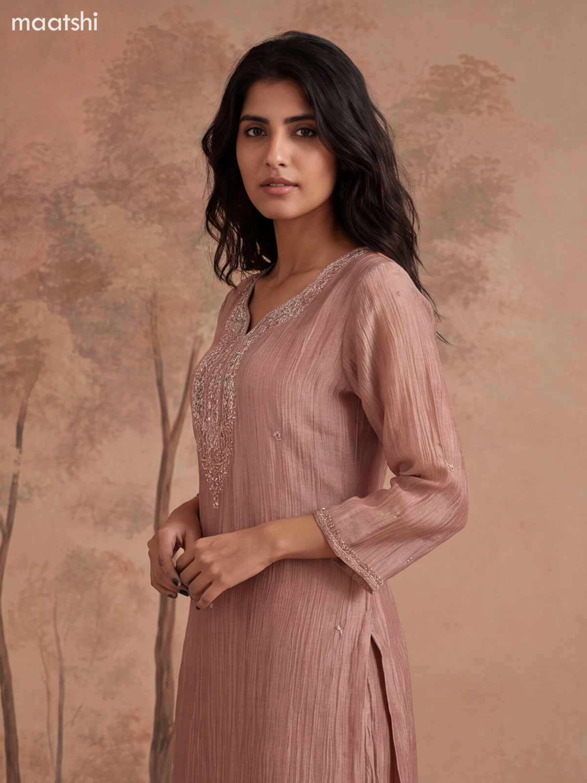 Dark Peach Crush Tissue Embroidery Work Straight Suit