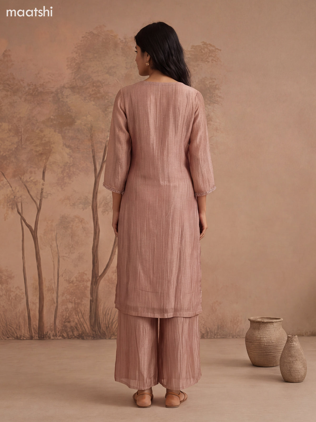 Dark Peach Crush Tissue Embroidery Work Straight Suit
