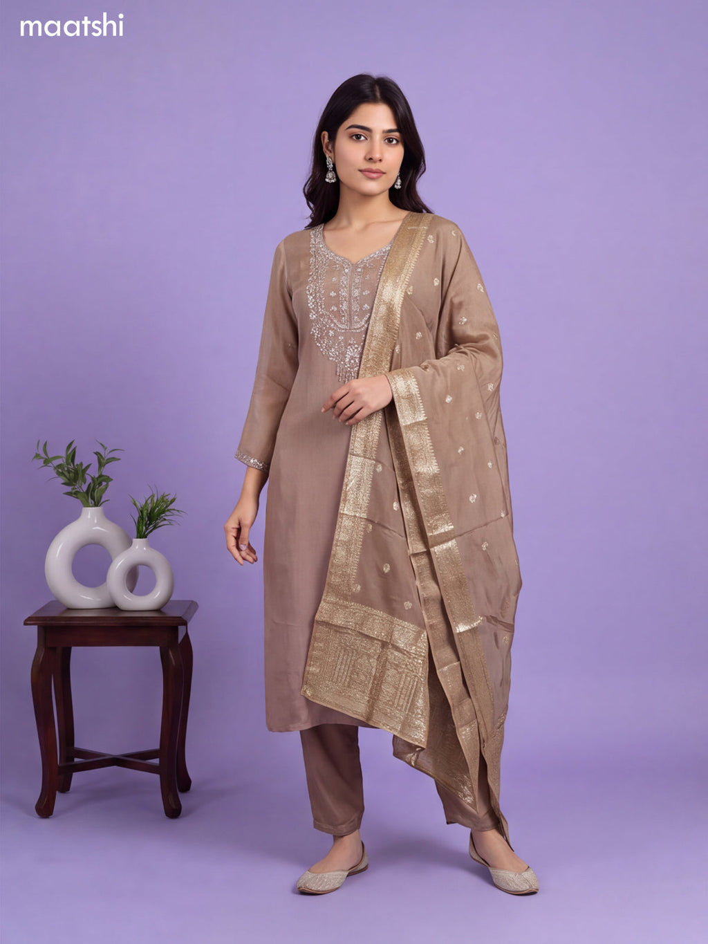 Brown Art Silk Embroidery Work A-Line Suit