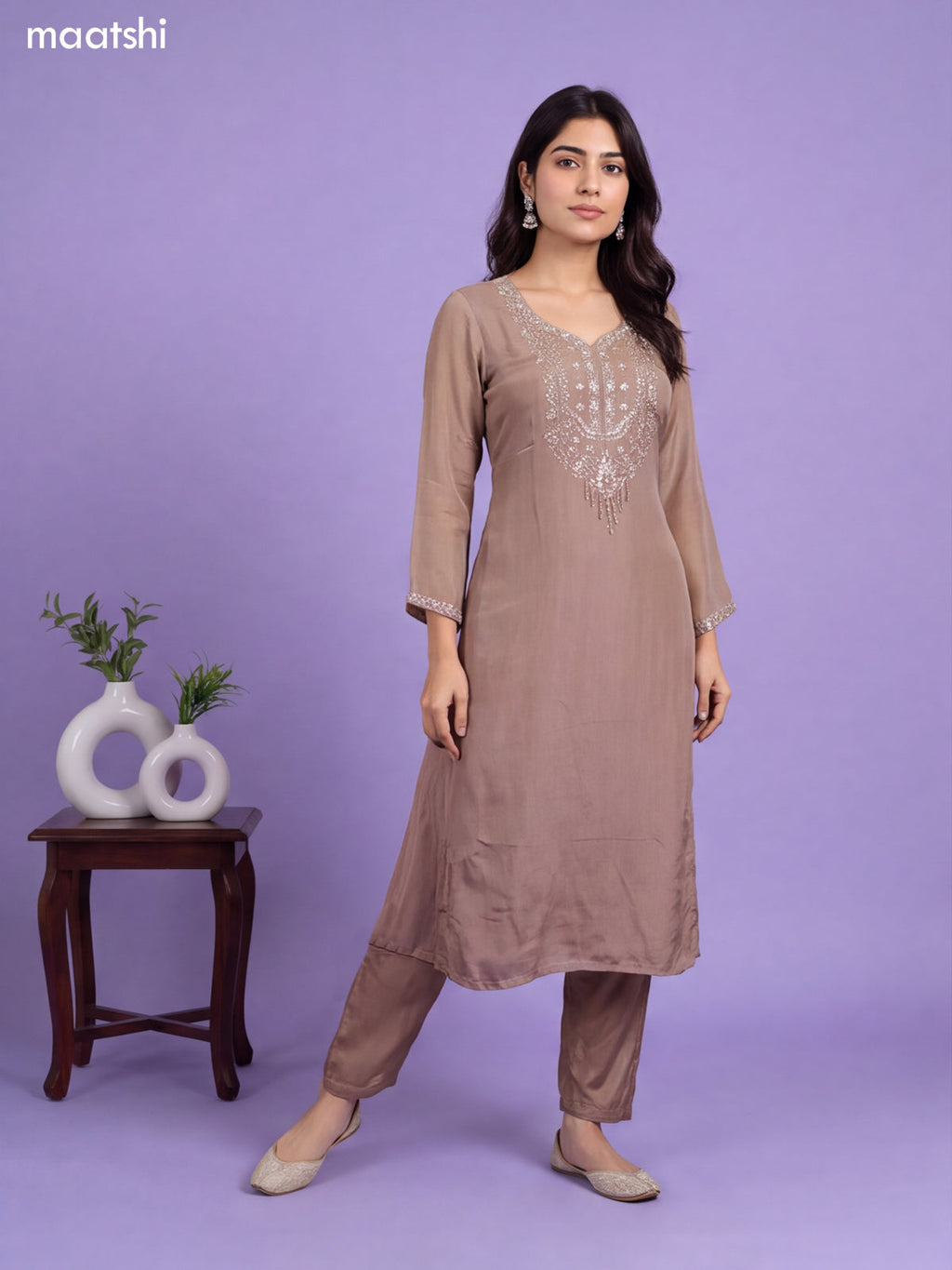 Brown Art Silk Embroidery Work A-Line Suit