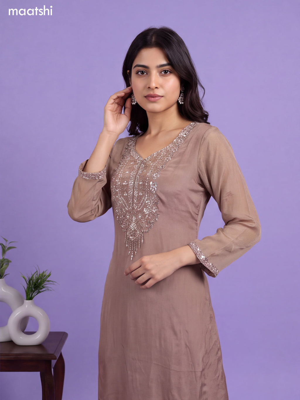 Brown Art Silk Embroidery Work A-Line Suit