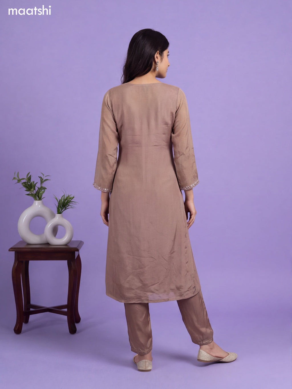 Brown Art Silk Embroidery Work A-Line Suit