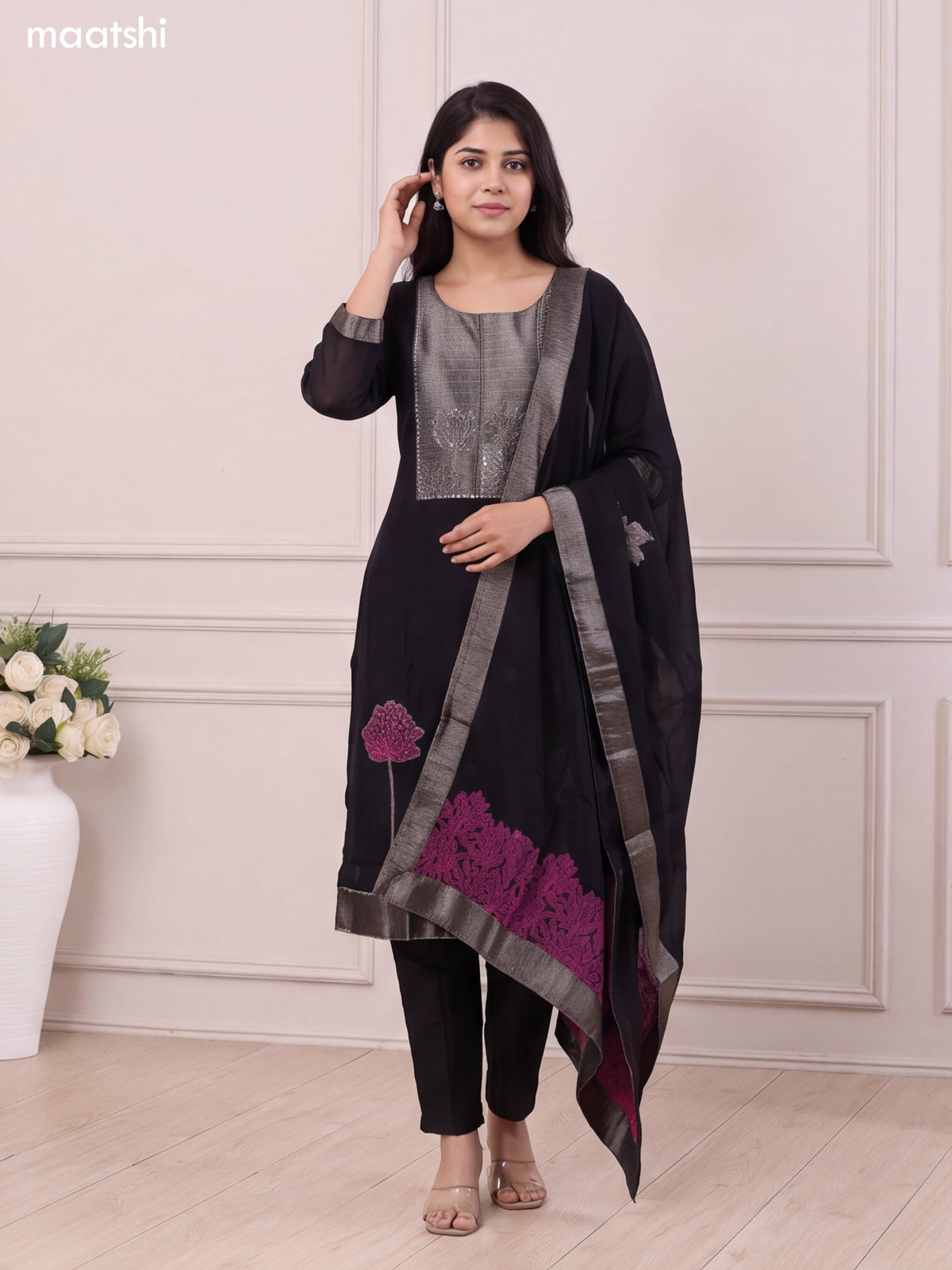 Black Art Tussar Embroidery Work Straight Suit