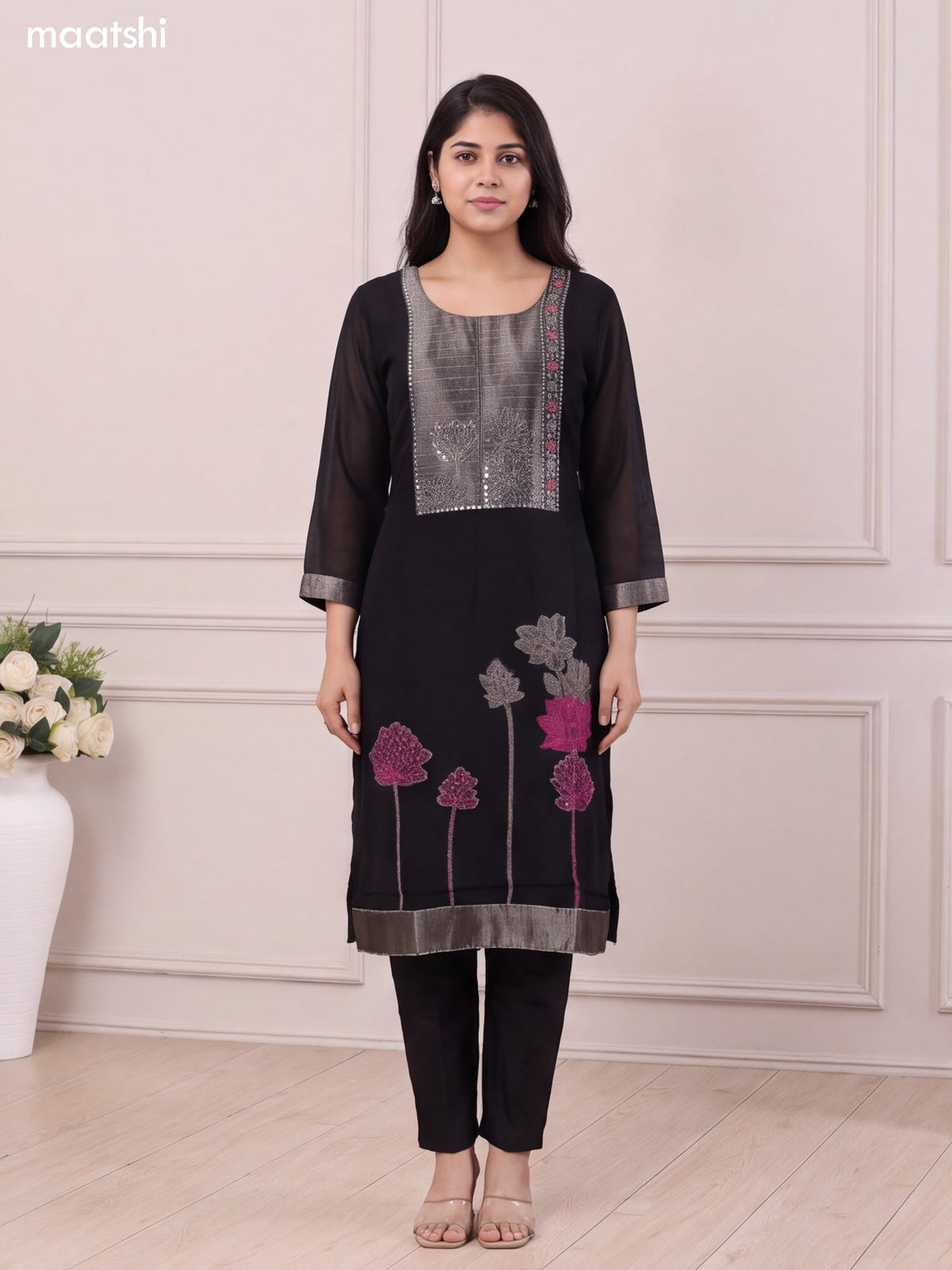Black Art Tussar Embroidery Work Straight Suit