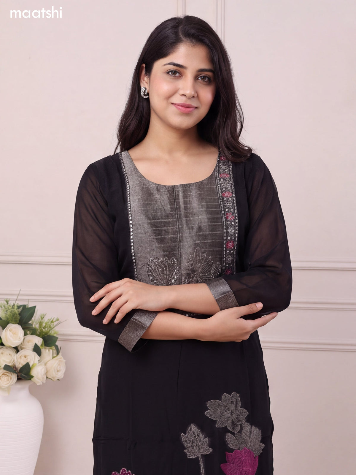 Black Art Tussar Embroidery Work Straight Suit