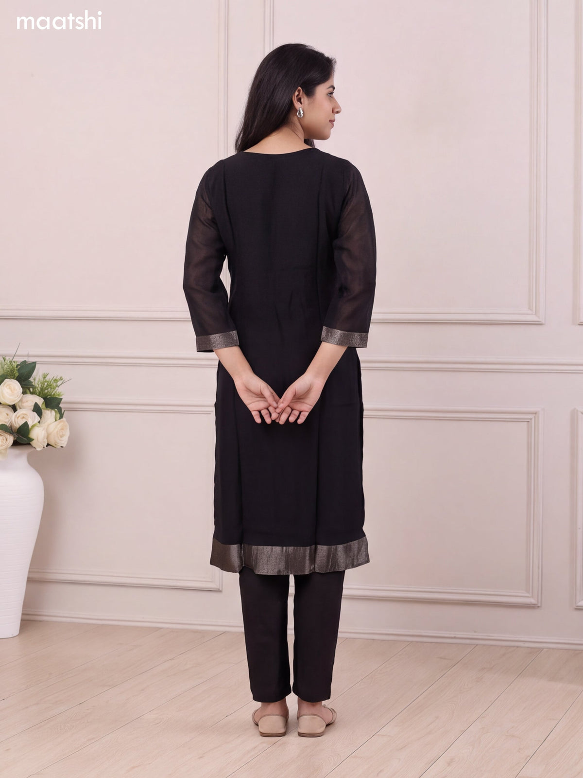 Black Art Tussar Embroidery Work Straight Suit