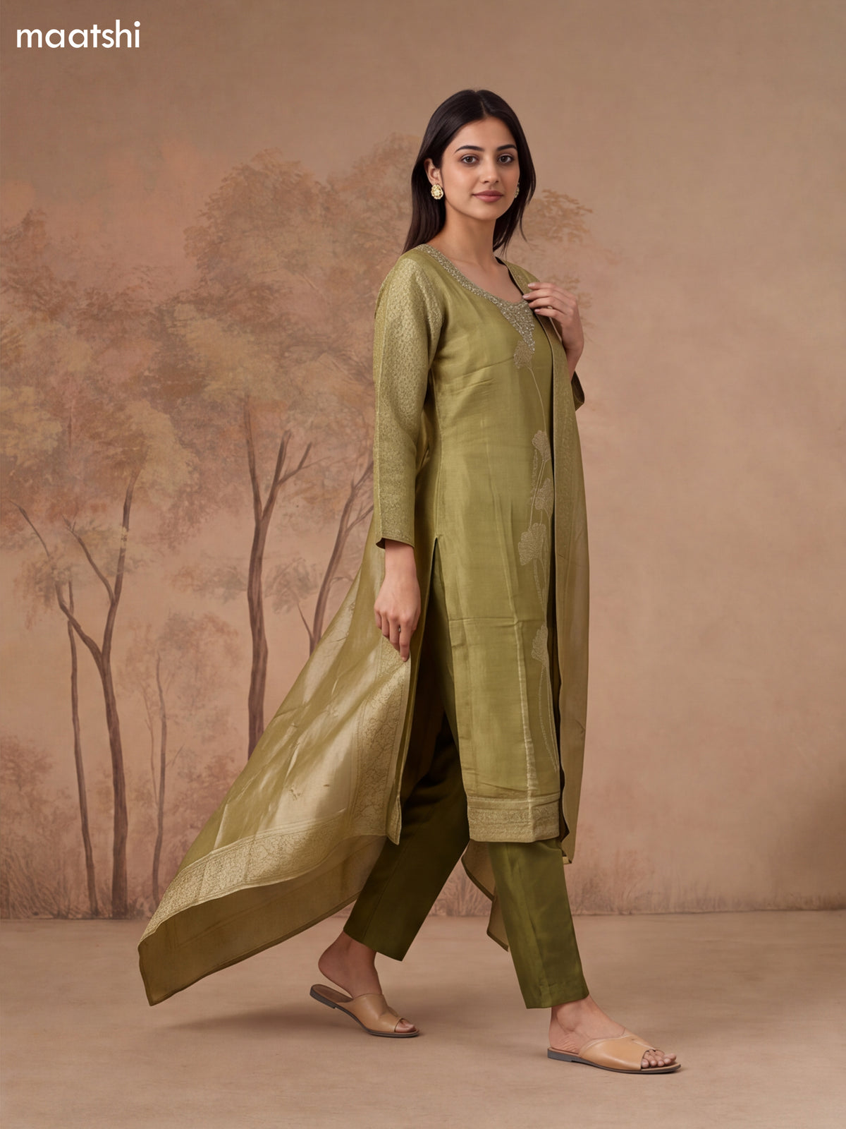 Mehendi Green Tissue Embroidery Work Straight Suit