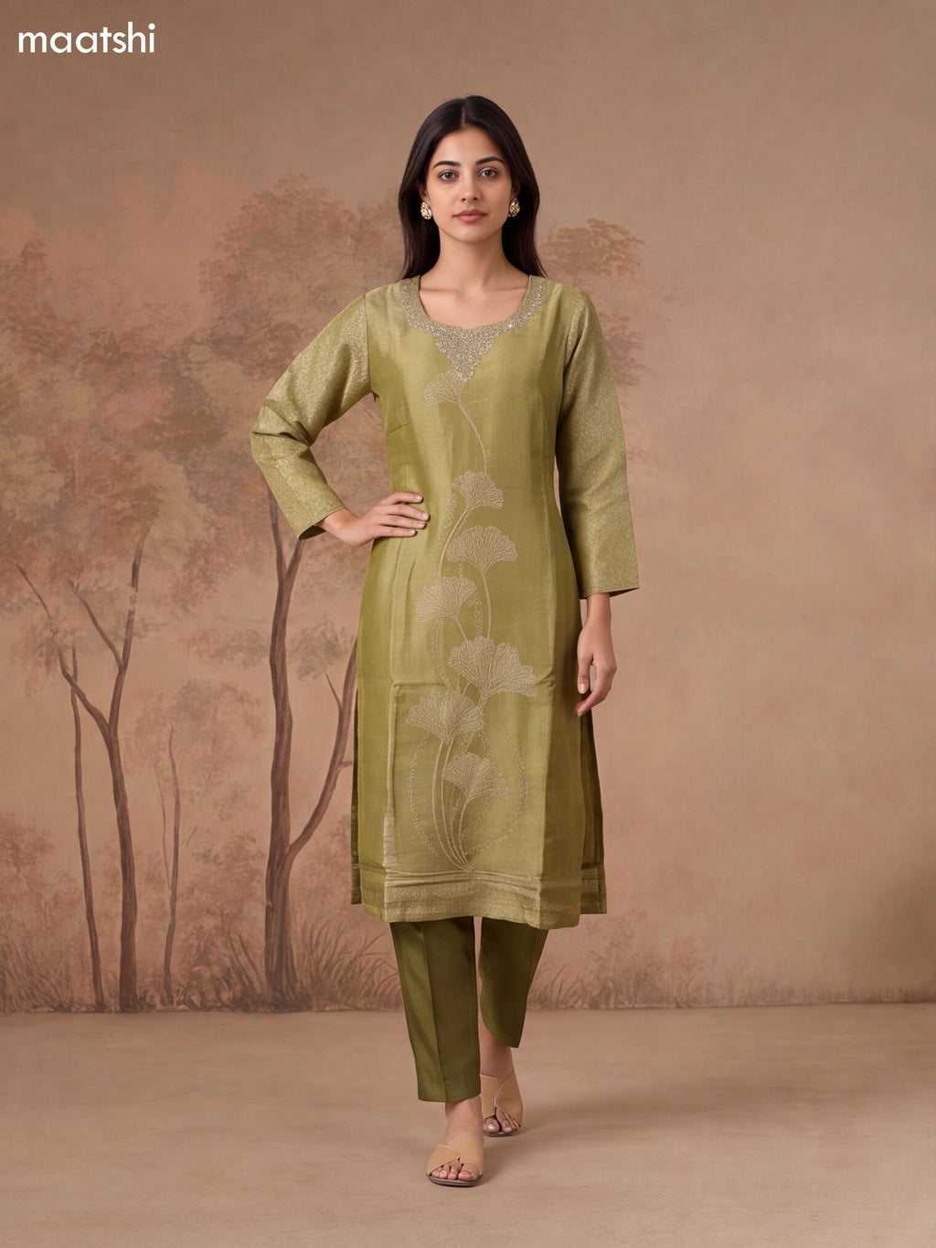 Mehendi Green Tissue Embroidery Work Straight Suit