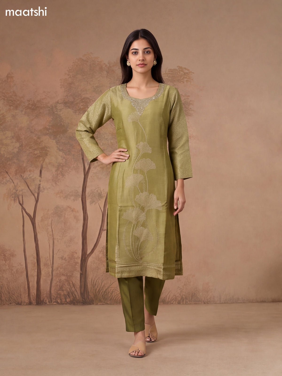 Mehendi Green Tissue Embroidery Work Straight Suit