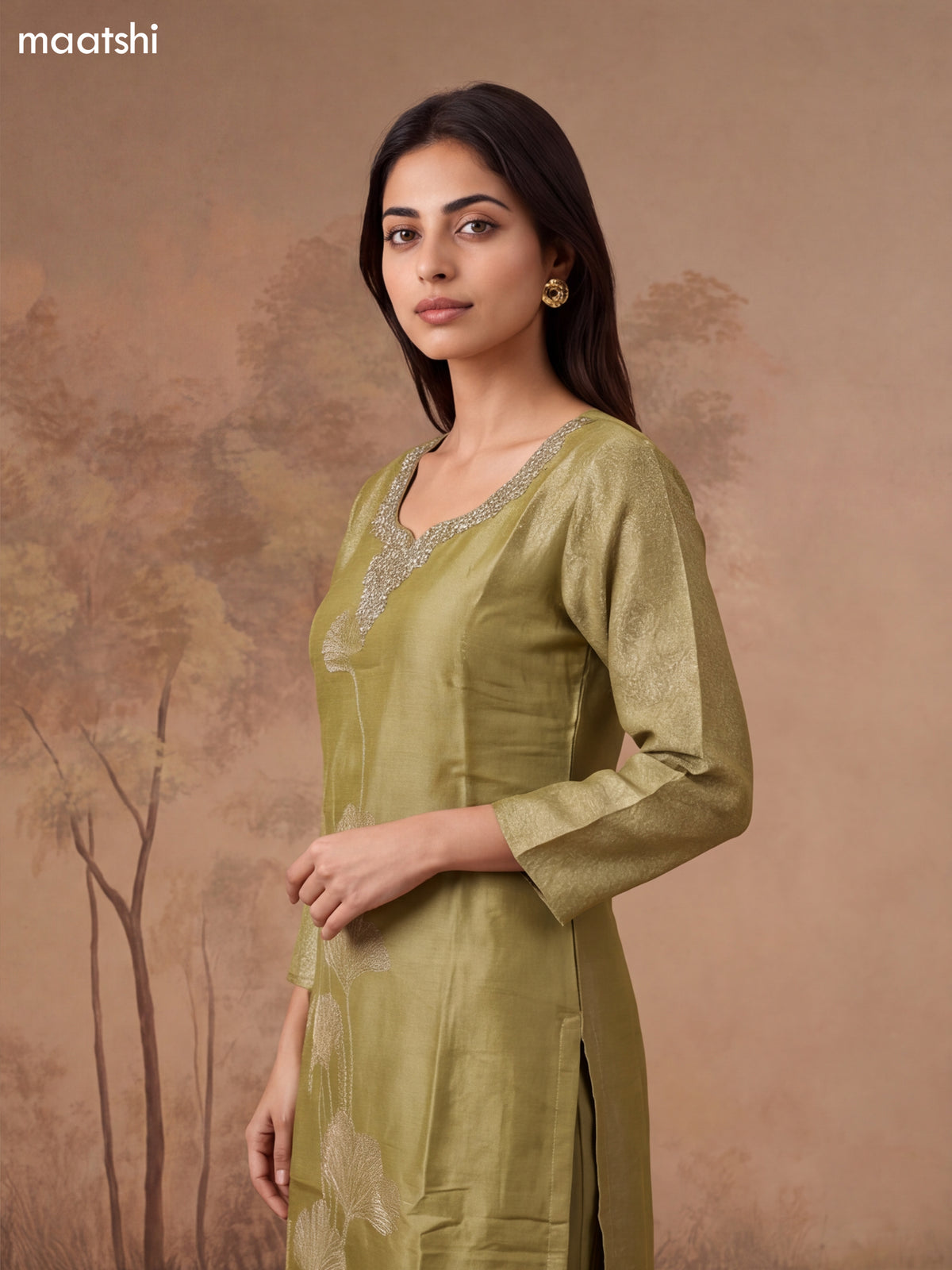 Mehendi Green Tissue Embroidery Work Straight Suit