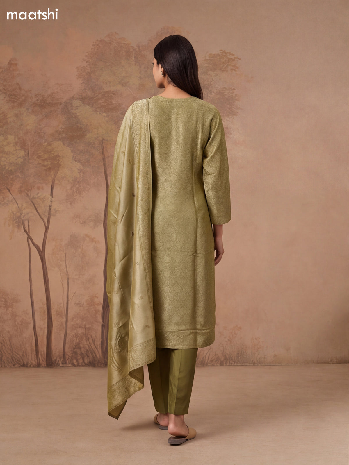 Mehendi Green Tissue Embroidery Work Straight Suit
