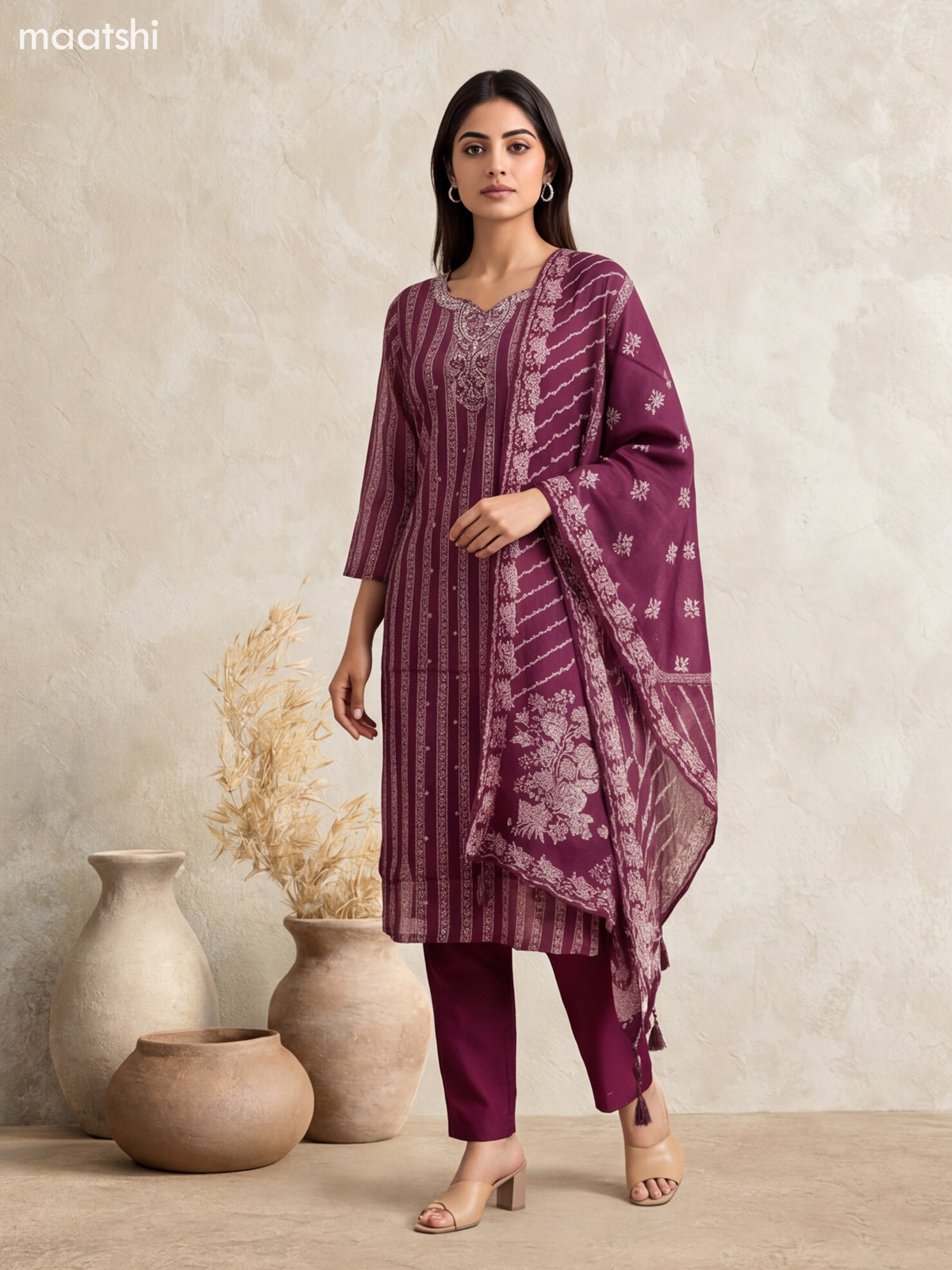 Deep Wine Art Silk Printed & Embroidery Work Straight Suit