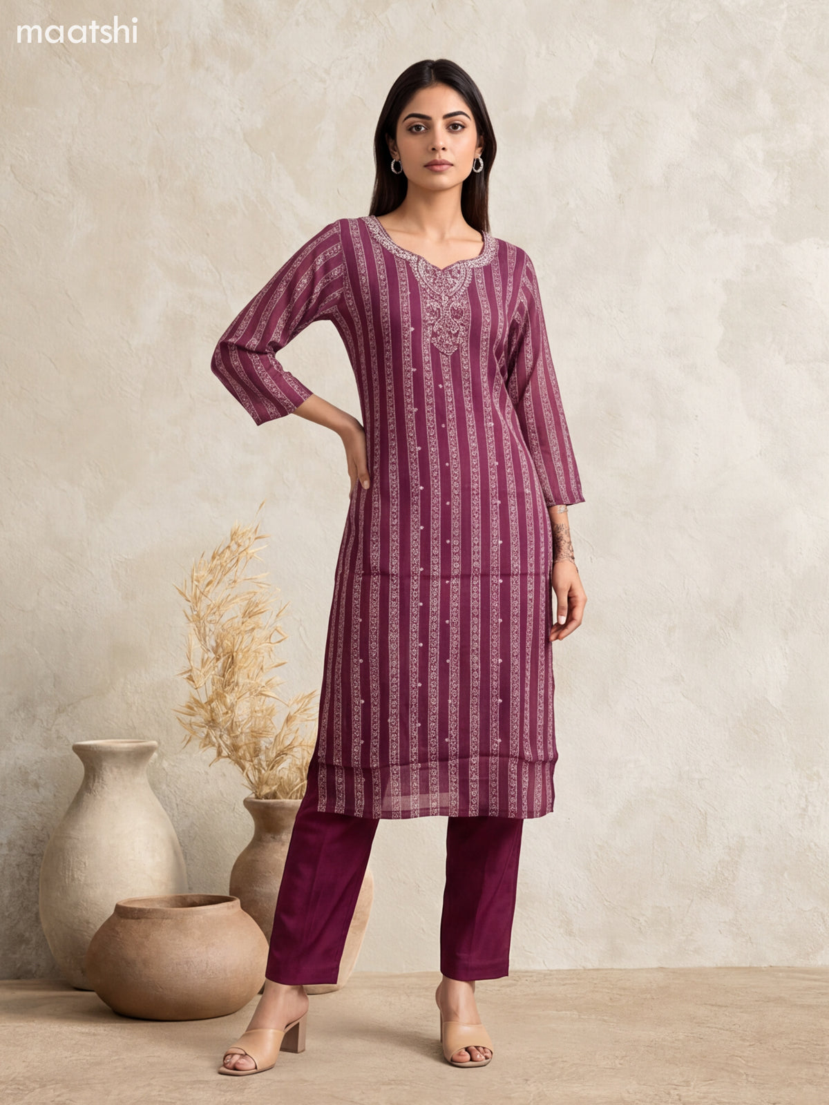 Deep Wine Art Silk Printed & Embroidery Work Straight Suit