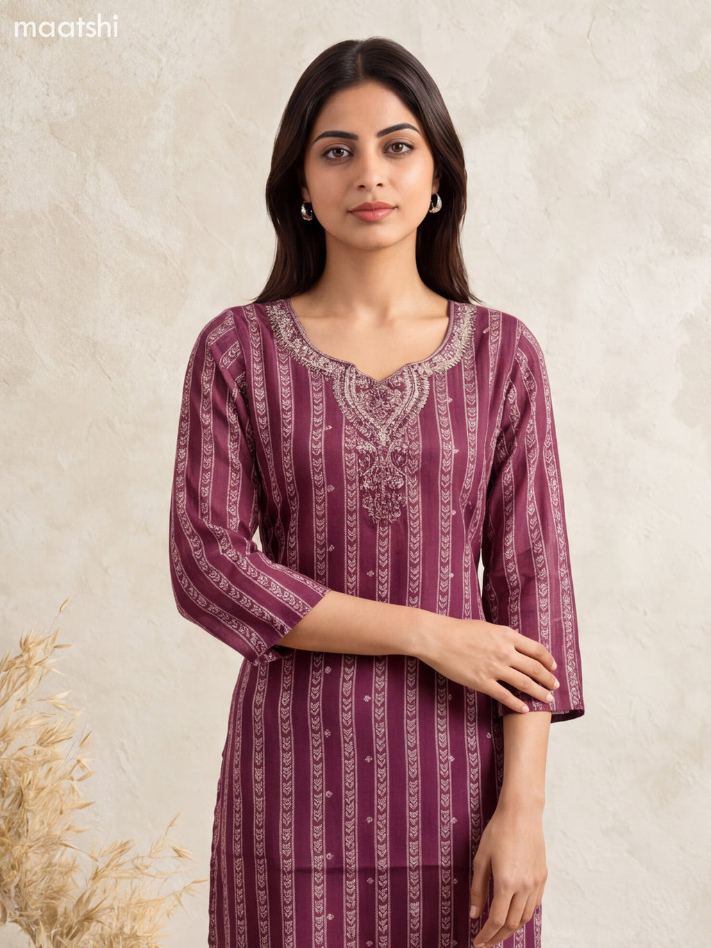 Deep Wine Art Silk Printed & Embroidery Work Straight Suit