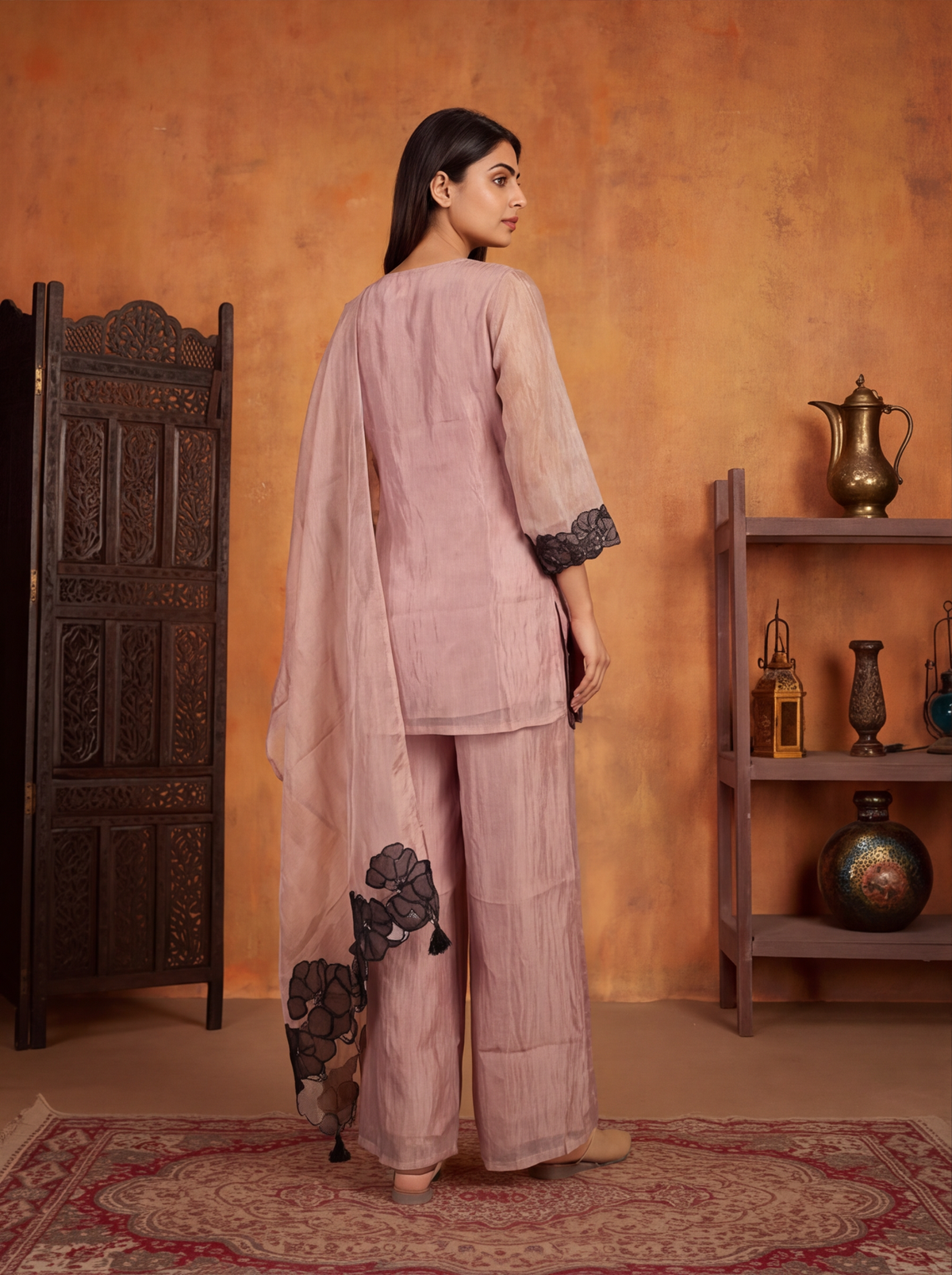 Pastel Pink and Black Tissue Embroidery Work Straight Suit