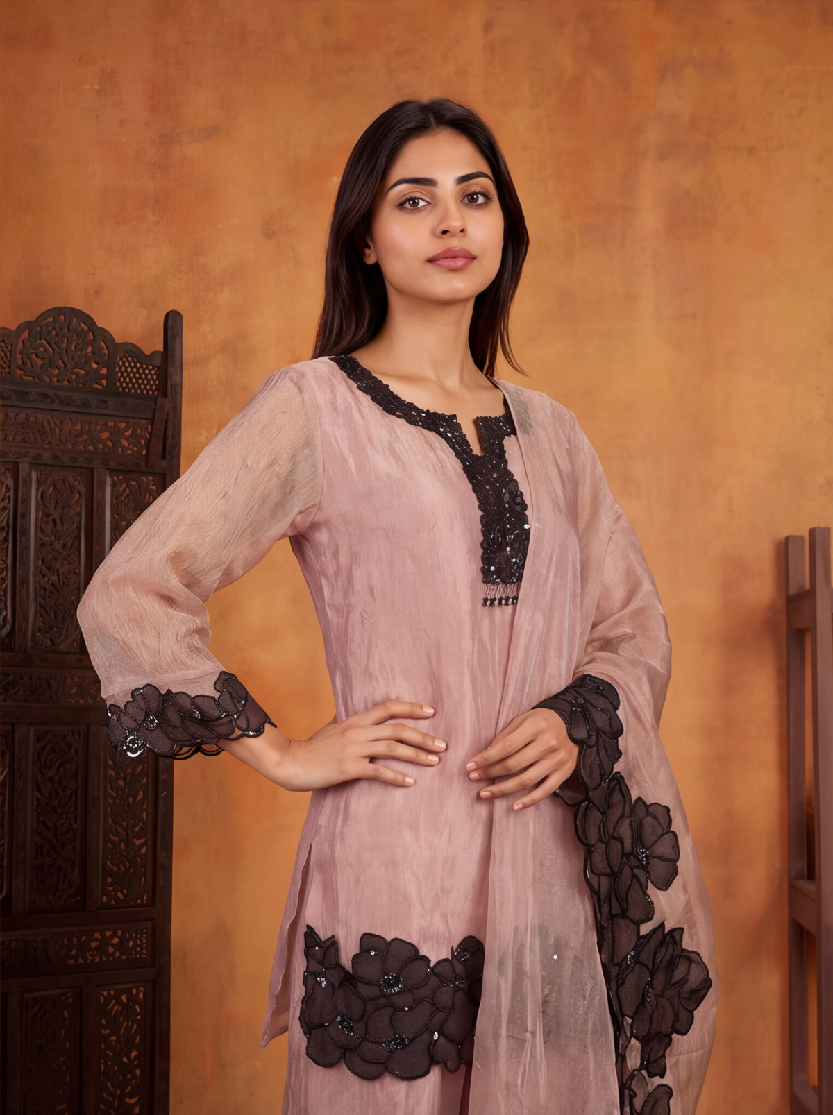 Pastel Pink and Black Tissue Embroidery Work Straight Suit