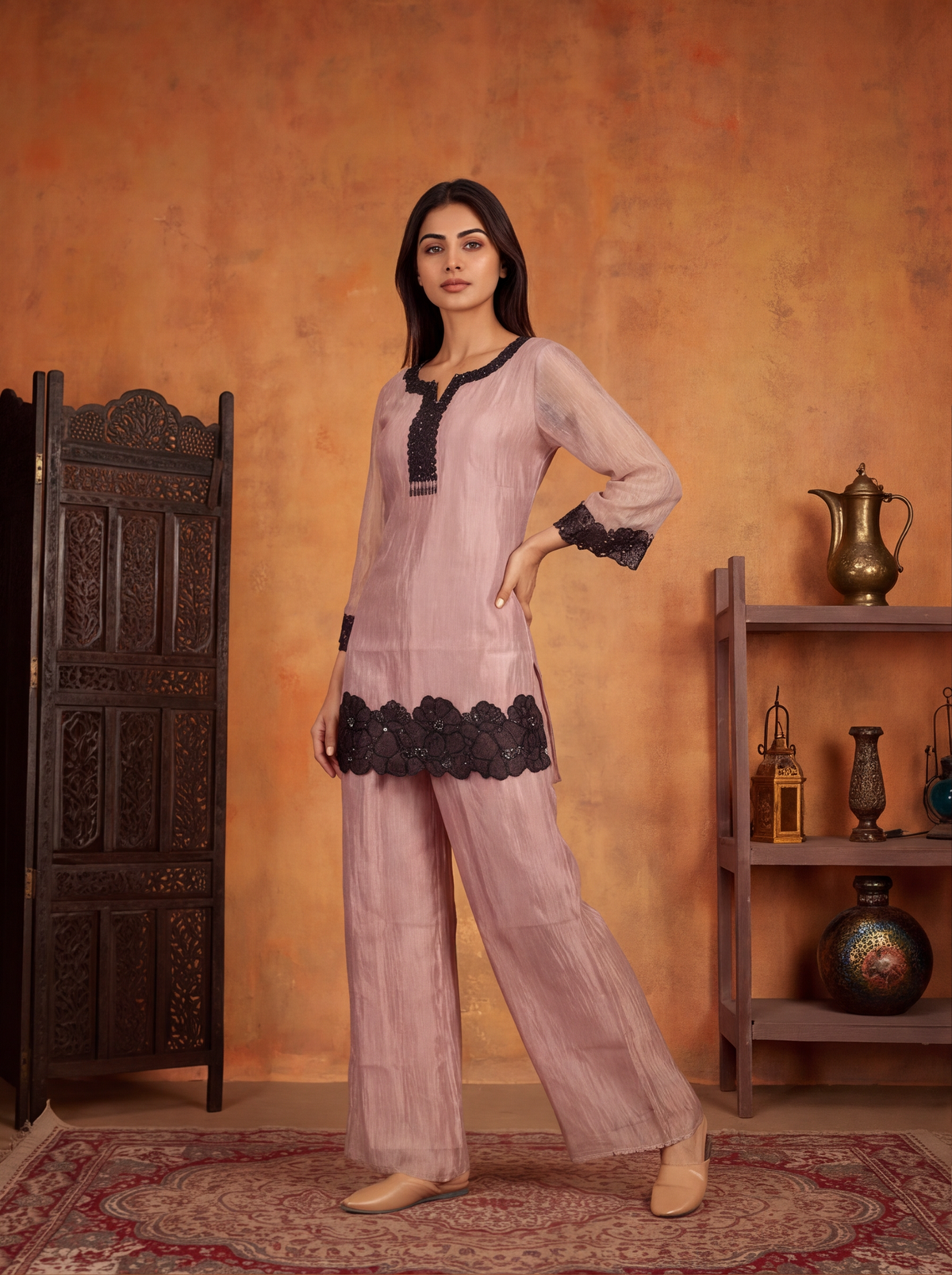 Pastel Pink and Black Tissue Embroidery Work Straight Suit