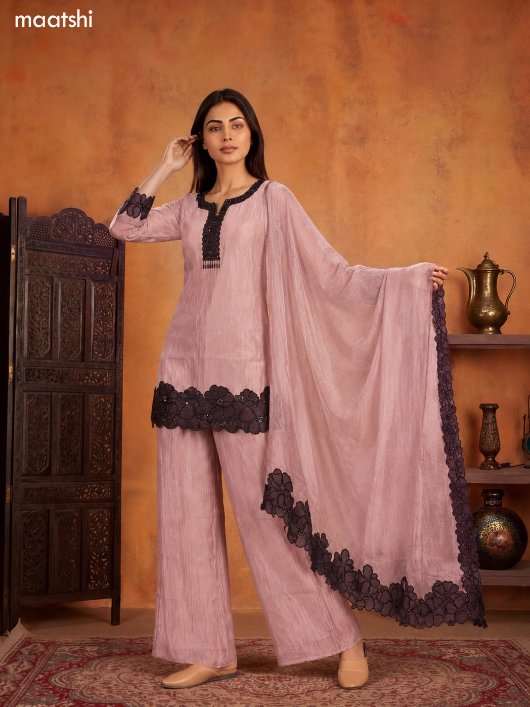 Pastel Pink and Black Tissue Embroidery Work Straight Suit