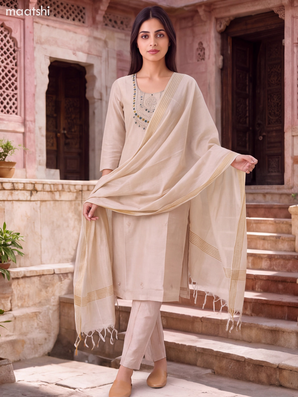 Biege Tissue Embroidery Work Straight Suit