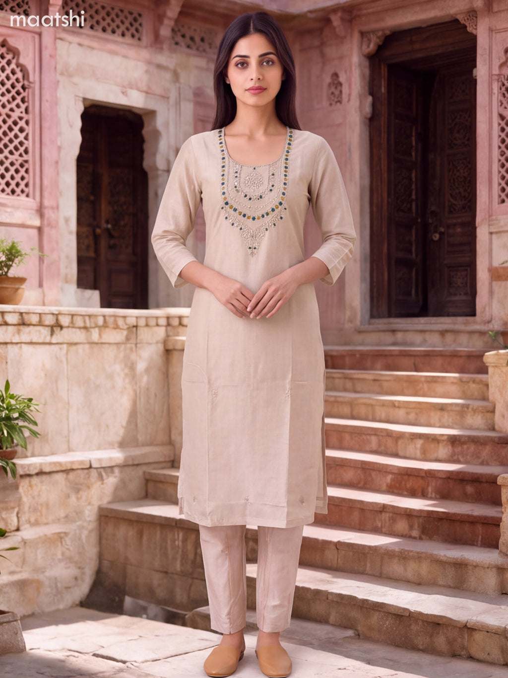 Biege Tissue Embroidery Work Straight Suit