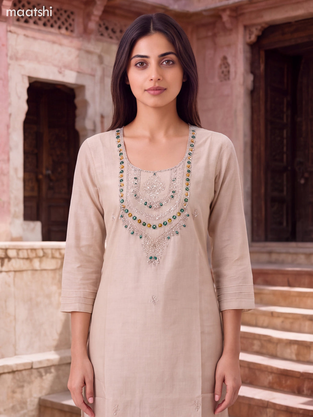 Biege Tissue Embroidery Work Straight Suit
