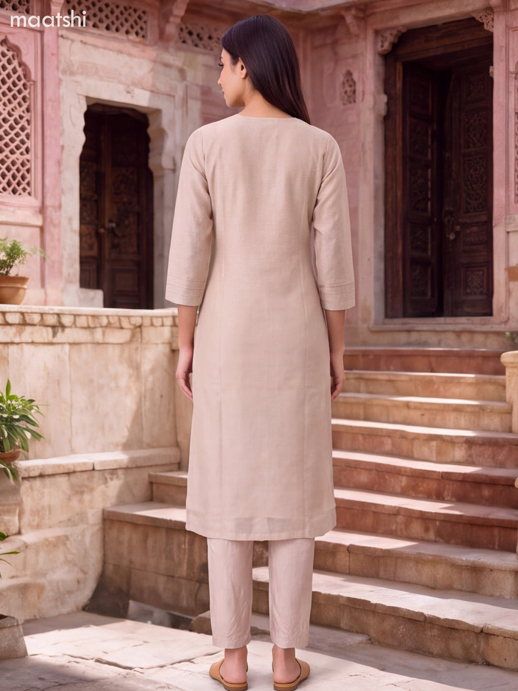 Biege Tissue Embroidery Work Straight Suit