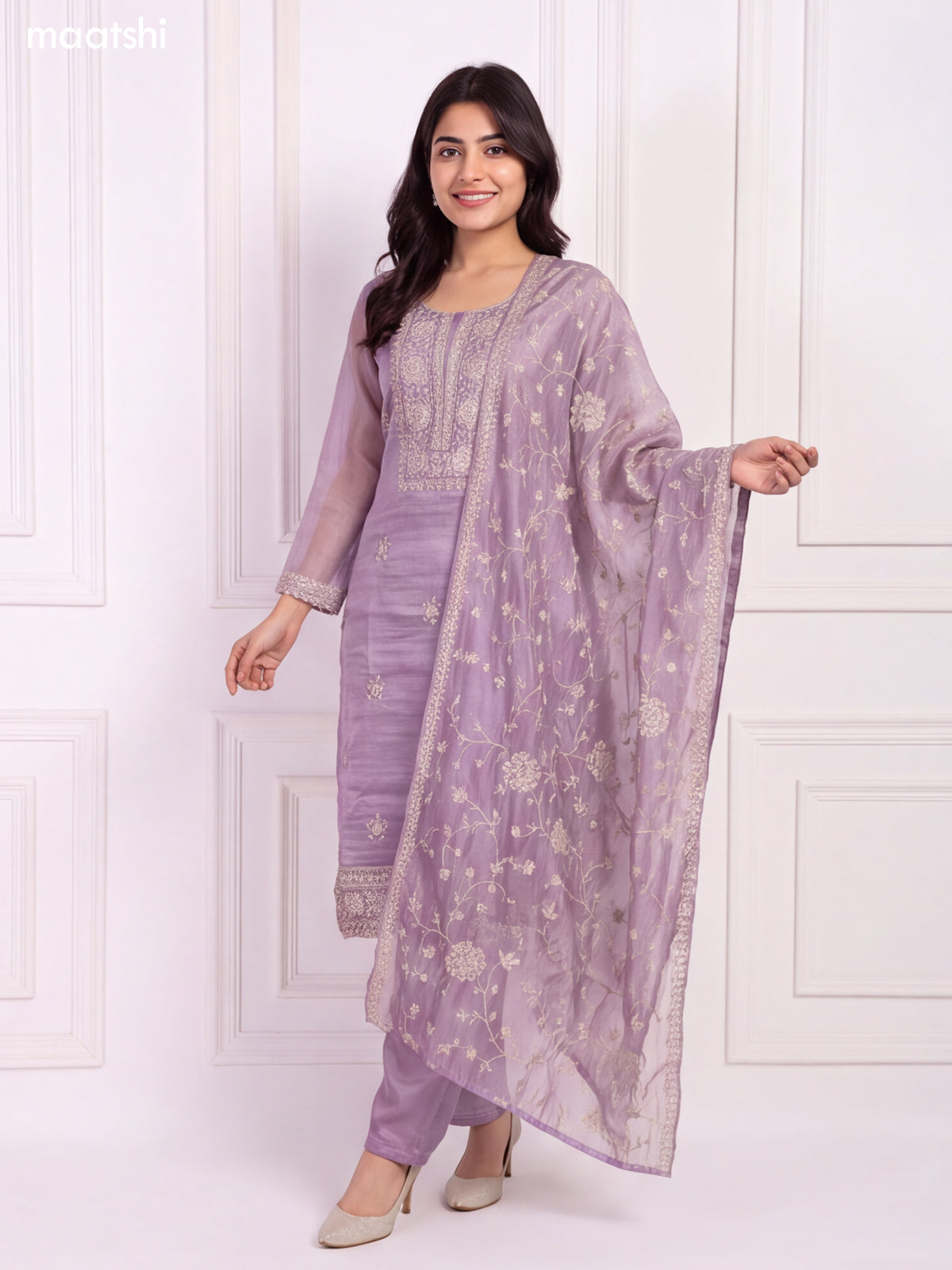 Lavender and Gold Tissue Embroidery Work Straight Suit