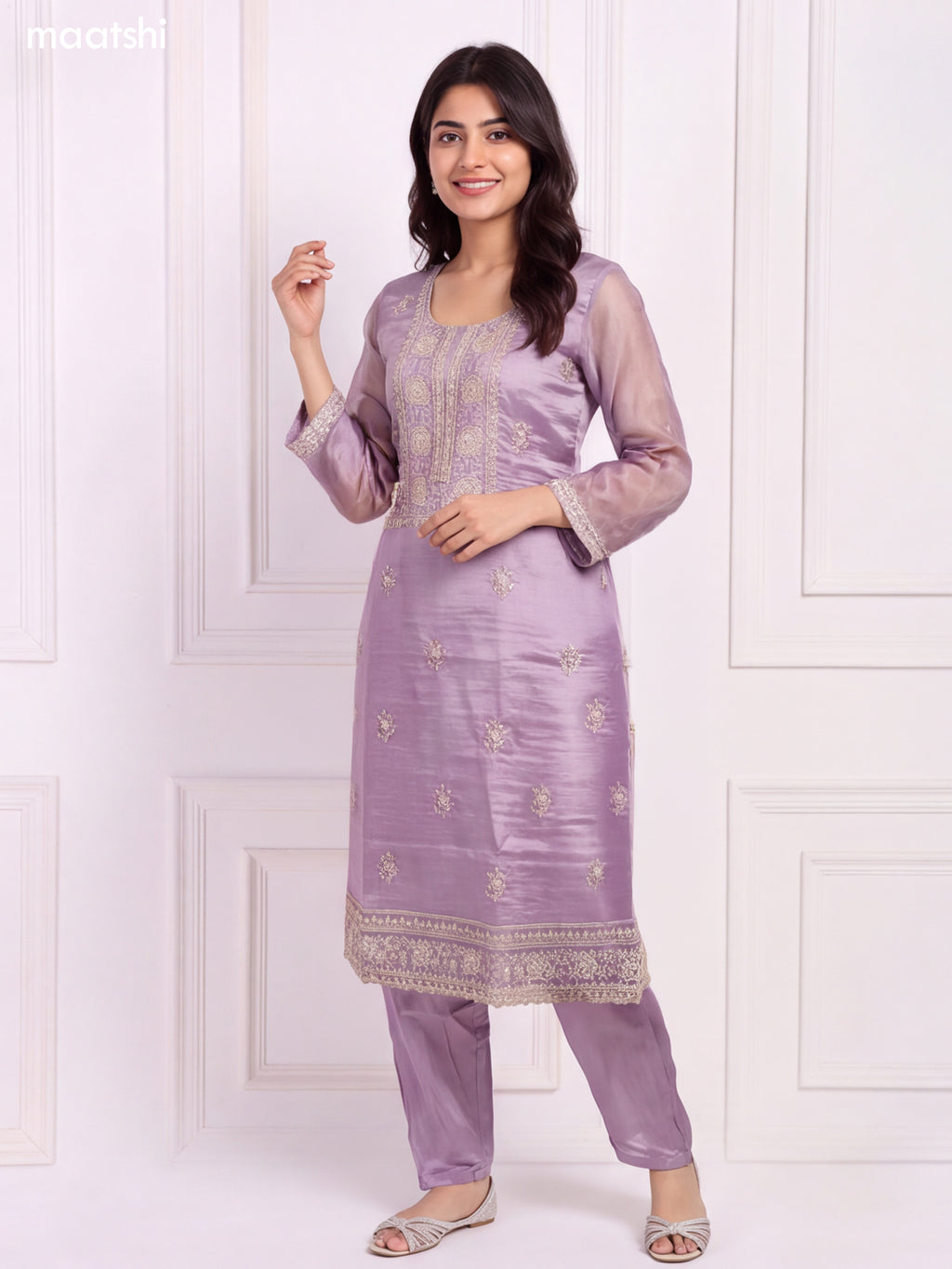 Lavender and Gold Tissue Embroidery Work Straight Suit