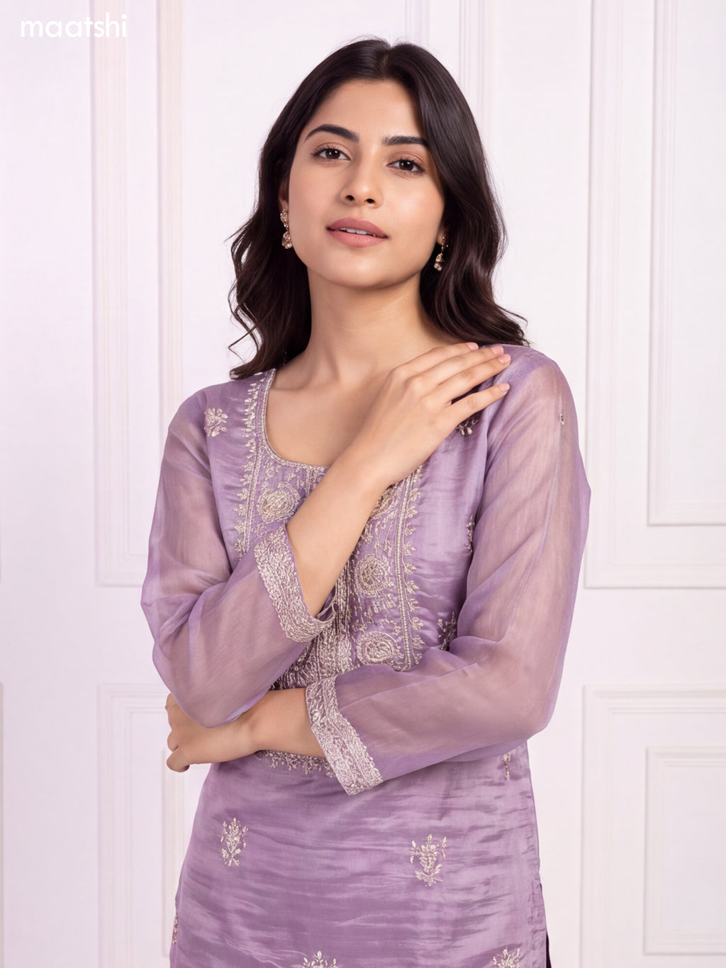 Lavender and Gold Tissue Embroidery Work Straight Suit